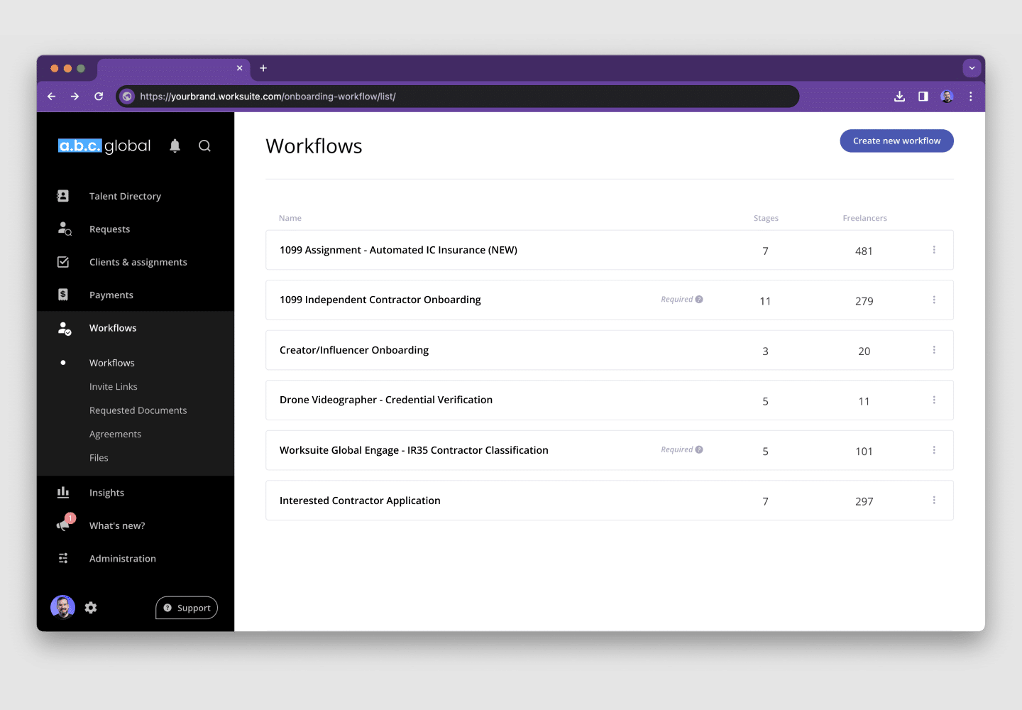 Contractor onboarding workflows list - Worksuite Freelance Management Software
