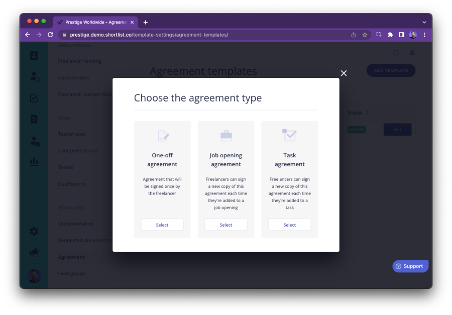 Worksuite Self-Serve Agreement Template Configuration - choose the agreement type