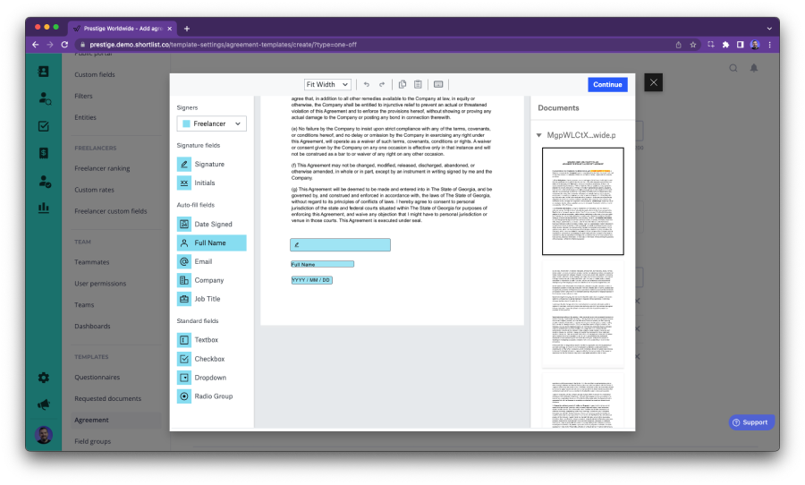 Worksuite Self-Serve Agreement Template Configuration - creating fillable fields with HelloSign integration